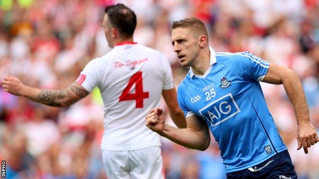 Eoghan O'Gara celebrates after palming in Dublin's late second goal