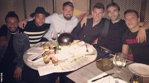 Arsenal team-mates Francis Coquelin, Serge Gnabry, Olivier Girioud, Laurent Koscielny, Mathieu Flamini and Mesut Ozil