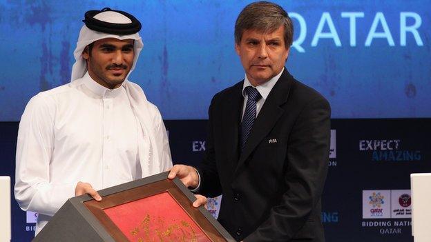 Qatar 2022 bid Chairman Sheikh Mohammed bin Khalifa Al Thani with Harold Mayne-Nicholls