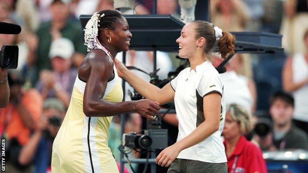 Serena Williams and Martina Hingis embrace after the former's US Open victory in the final of 1999