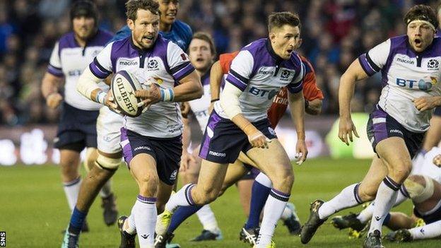 Scotland replacement fly-half Peter Horne takes on the Samoa defence at Murayfield