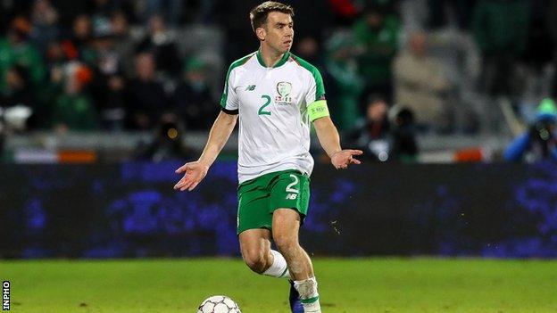 Republic skipper Seamus Coleman pleads in vain for an attacking outlet in Aarhus