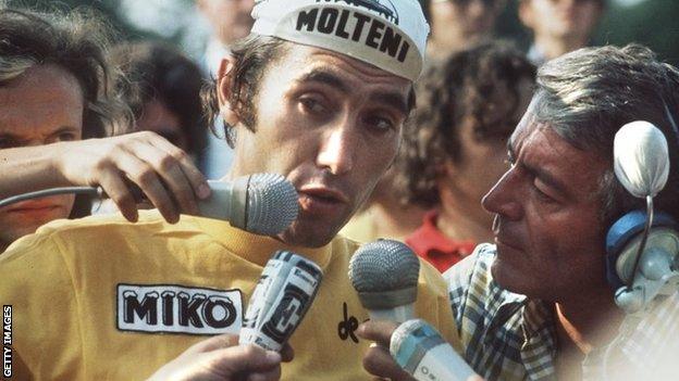 Eddy Merckx speaks to reporters after winning his fifth Tour de France in 1974