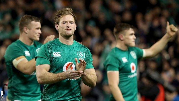 Kieran Marmion applauds supporters after Ireland's win over New Zealand