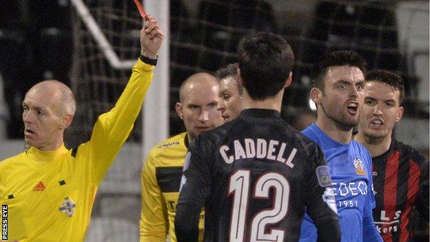 Eoin Bradley received a straight red during Glenavon's 1-1 draw with Crusaders