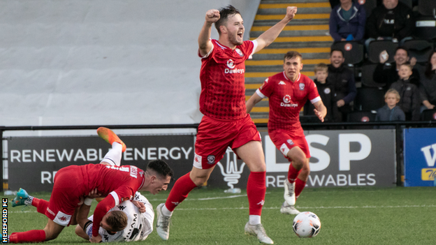 Harry Pinchard's superb left-foot free-kick set Hereford on the way to their FA Cup fourth qualifying round victory at Bromley