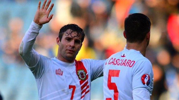 Gibraltar celebrate Lee Casciaro's goal at Hampden