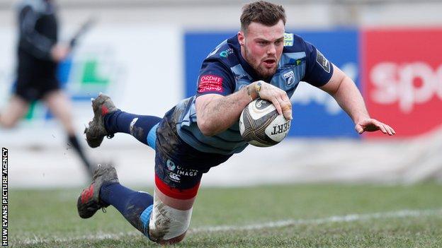 Owen Lane goes over for the Blues first try against Zebre in Parma