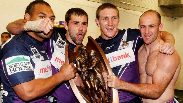 Cameron Smith and Storm teammates Jeff Lima, Ryan Hoffman and Matt Geyer celebrate