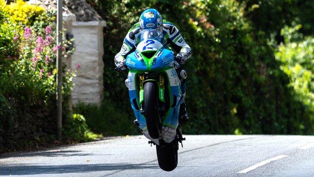 Dean Harrison takes to the air at Ballacrye during Thursday's Supersport race