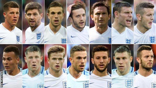 Top row (left to right): Ross Barkley, Steven Gerrard, Jordan Henderson, Adam Lallana, Frank Lampard, James Milner, Jack Wilshere. Bottom row (left to right): Dele Alli, Barkley, Eric Dier, Henderson, Lallana, Milner, Wilshere