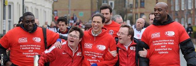 Richard Rufus takes part in a charity walk with fellow former Charlton player Carl Leaburn and club chief executive Katrien Meire
