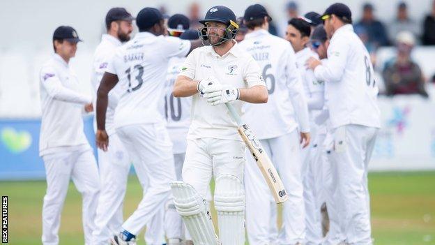 Yorkshire's Adam Lyth departs at Scarborough after being bowled by Hampshire's Mohammad Abbas