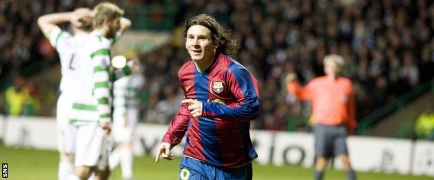 Lionel Messi celebrates scoring Barca's third at Celtic Park