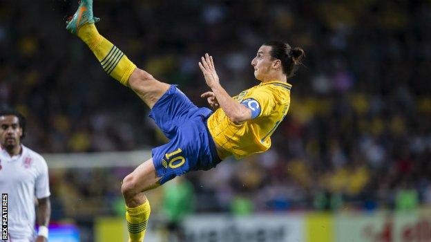 Zlatan Ibrahimovic scores for Sweden against England in 2012