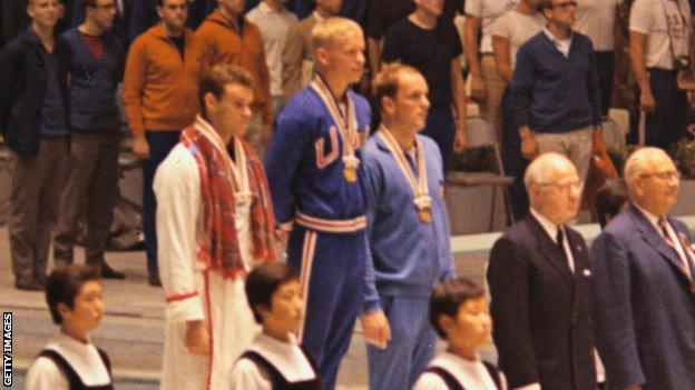 Scotland's Bobby McGregor, left, on the Olympic podium in Tokyo 1964 with his silver mdeal