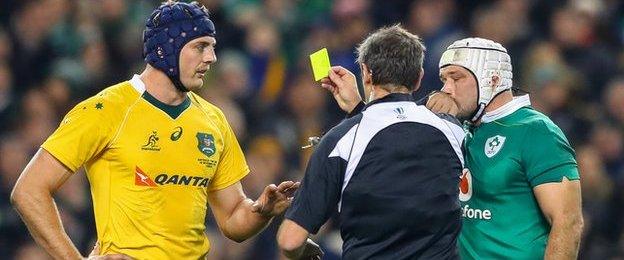 Australia flanker Dean Mumm saw yellow midway through the first half for a tip tackle on Tadhg Furlong