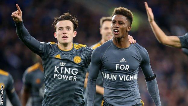 Ben Chilwell and Demarai Gray celebrate the latter's winning goal