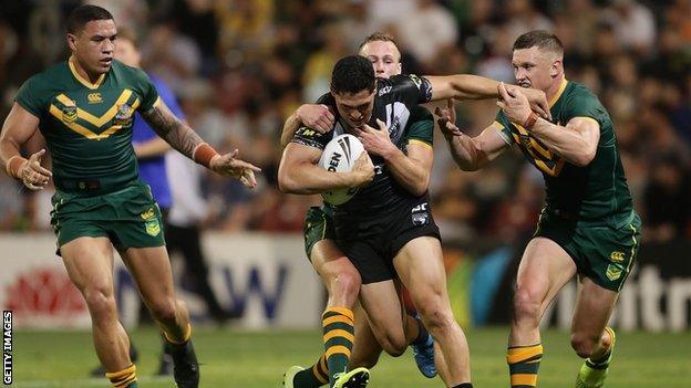 Action from an Australia v New Zealand Rugby League match in 2019