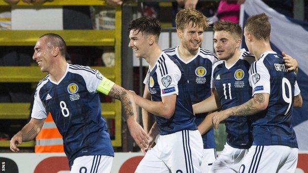 Scott Brown, Kieran Tierney, Stuart Armstrong, James Forrest and Leigh Griffiths celebrate Armstrong's goal for Scotland against Lithuania