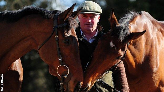 Trainer Colin Tizzard and prize horses Cue Card & Thistlecrack