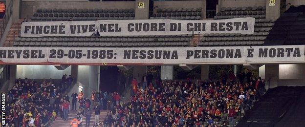 A banner at the game between Belgium and italy remembering those who lost their lives in the Heysel Stadium disaster