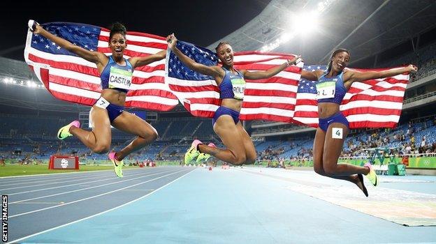 Kristi Castlin, Brianna Rollins and Nia Ali celebrate a USA one-two-three