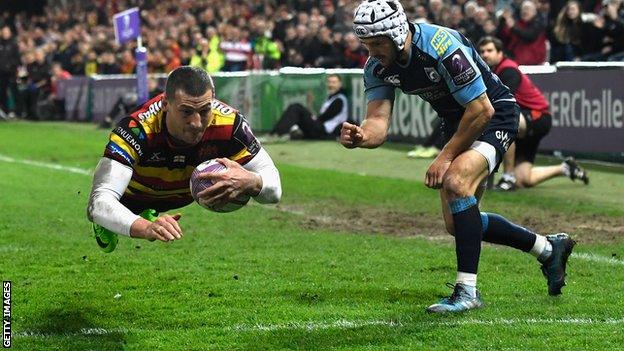 Gloucester's Jonny May scores against Cardiff Blues