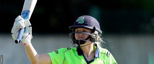 Ireland's Gaby Lewis celebrates her first international half-century in the T20 against New Zealand