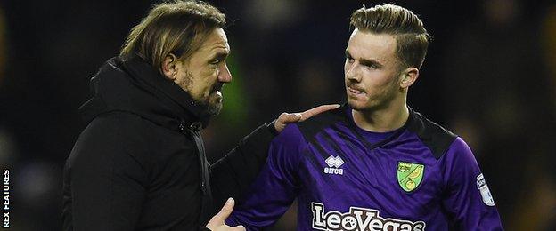 Daniel Farke (left) and James Maddison in discussion