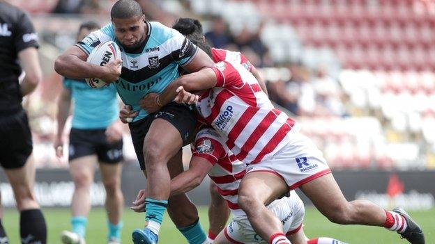 Hull FC's Tevita Satae is tackled during their Super League match at Leigh last month