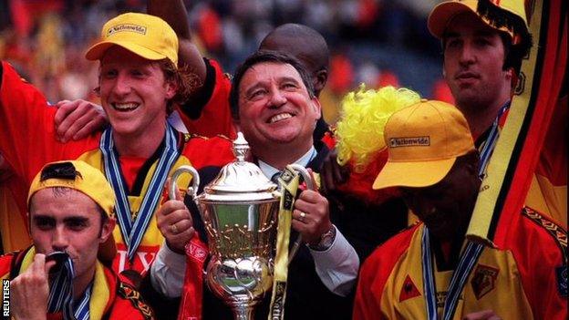 Graham Taylor celebrates with Watford after their 1999 Division One play-off final victory