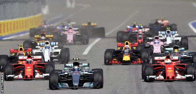 Formula 1 cars in action during the 2017 Russian Grand Prix