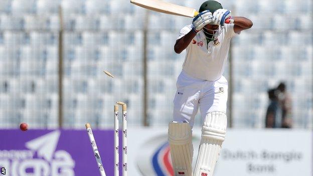 Kamrul Islam Rabbi is bowled by Ben Stokes