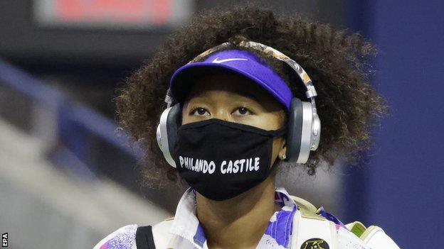 Naomi Osaka wears a mask with the name of Philando Castile before her semi-final match