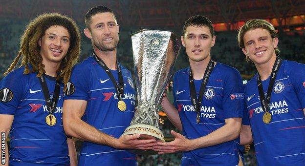 Chelsea players Ethan Ampadu, Gary Cahill, Andreas Christensen and Conor Gallagher celebrate winning the Europa League