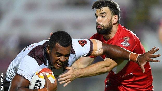 Elliot Kear playing for Wales against Fiji at the 2017 World Cup