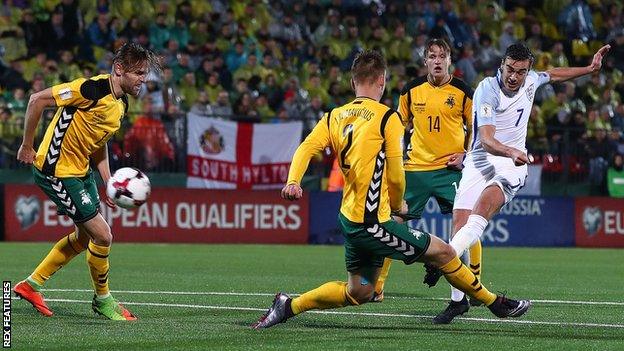 Harry Winks shoots against Lithuania