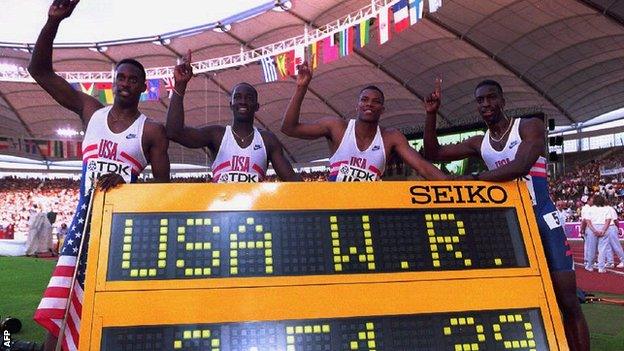 Johnson (far right) alongside his US teammates at the 1993 World Championships