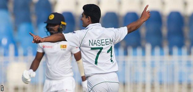 Pakistan"s Naseem Shah celebrates dismissing Sri Lanka"s Oshada Fernando during the first day of the first Test cricket match between Pakistan and Sri Lanka at the Rawalpindi Cricket Stadium in Rawalpindi