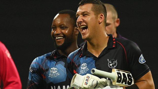 Pikky Ya France and JJ Smit celebrate Namibia's win over Scotland