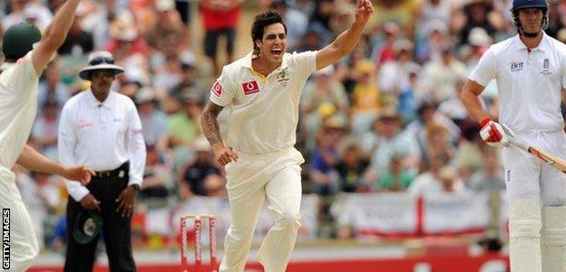 Australia's Mitchell Johnson celebrates a wicket in the 2010 Ashes Test at The Waca