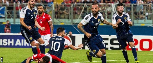 Scotland's Steven Fletcher celebrates a goal against Malta