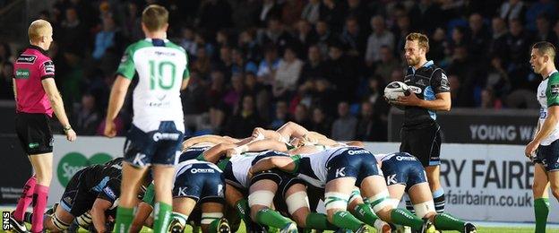 Glasgow Warriors' Mike Blair at a scrum