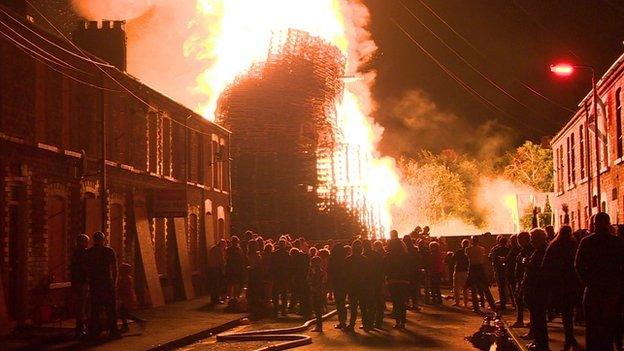 Nearby homes had to be protected from a large bonfire near Chobham Street in east Belfast