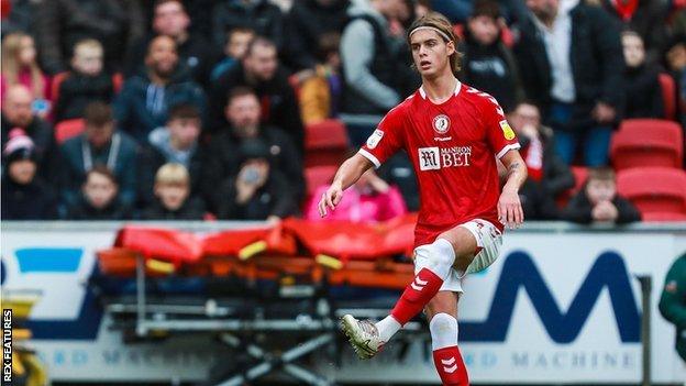 Ryley Towler playing for Bristol City