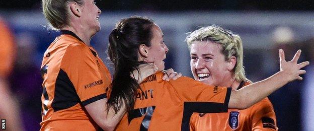 Glasgow City celebrate Abbi Grant's hat-trick goal, which made it 4-4 on aggregate