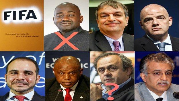 Musa Hassan Bility, Jerome Champagne, Gianni Infantino, Prince Ali Bin Al Hussein, Tokyo Sexwale, Michel Platini and Sheikh Salman bin Ebrahim Al Khalifa