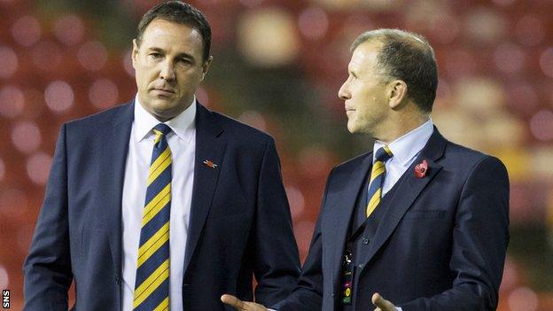 Malky Mackay talks to Stewart Regan on the pitch at Pittodrie after Scotland's friendly with Netherlands