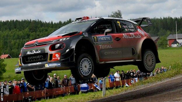 Kris Meeke and Paul Nagle in action during the second day of the WRC Finland